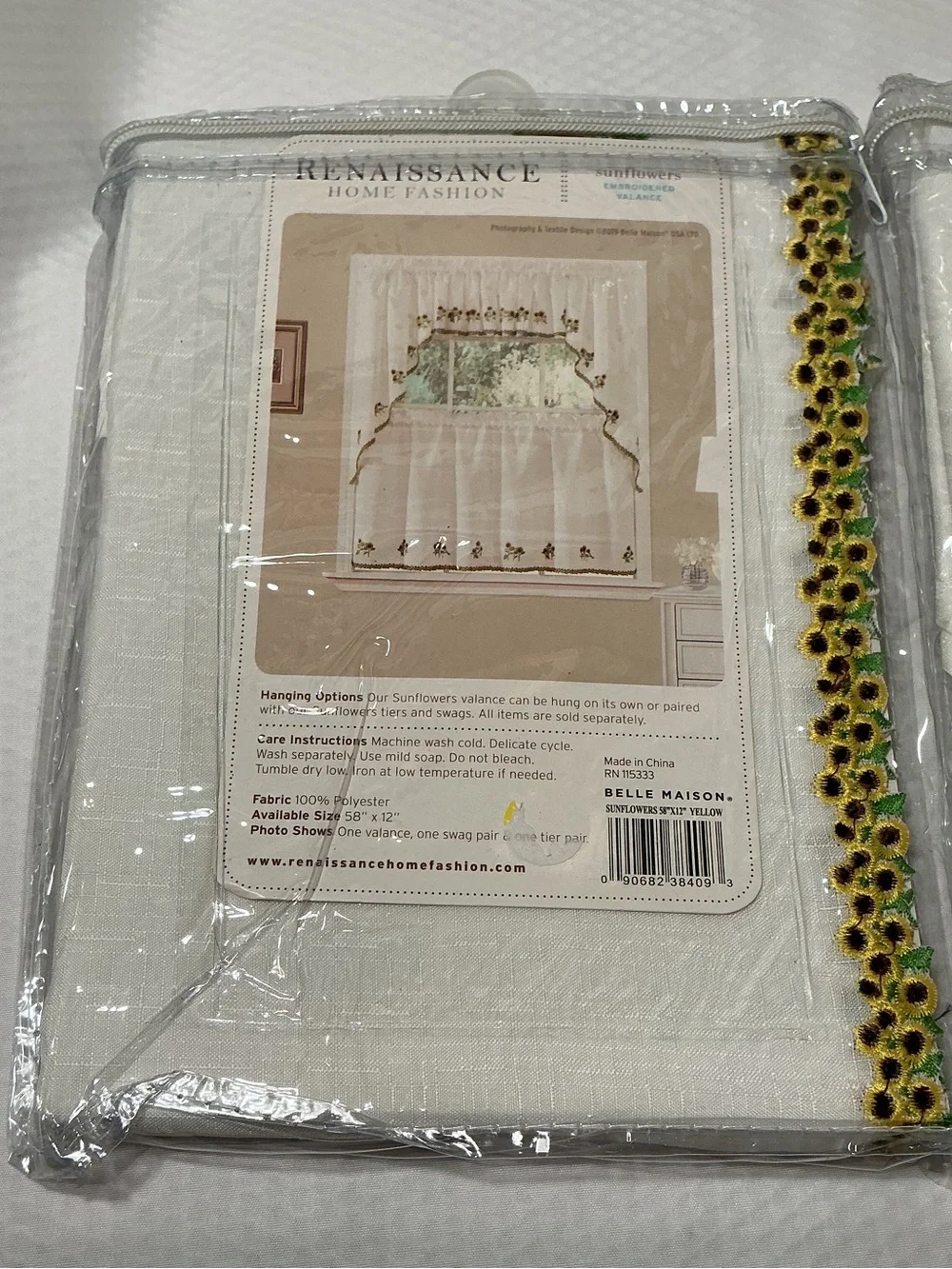 Renaissance Home Fashion White Sunflower Trim Kitchen Curtain Pair
